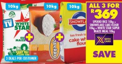 Spekko Rice 10kg+ Snowflake Cake flour 10kg + White Star Super maize meal 10kg