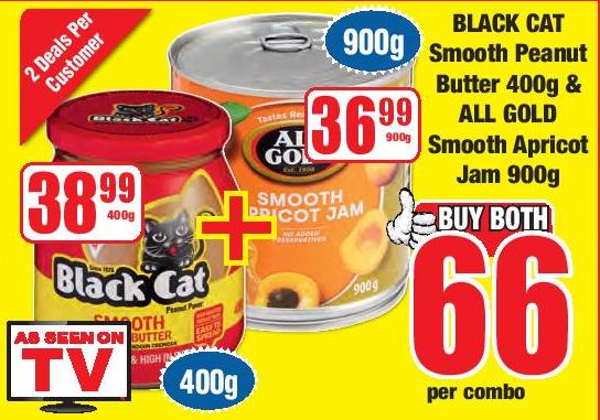 BLACK CAT Smooth Peanut Butter 400g & ALL GOLD Smooth Apricot Jam 900g