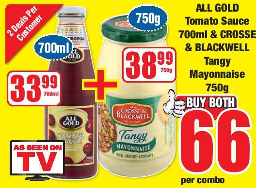 ALL GOLD Tomato Sauce 700ml & CROSSE & BLACKWELL Tangy Mayonnaise 750g