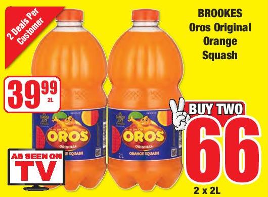 Brookes Oros Original Orange Squash 2x2Ltr 