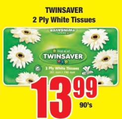 TWINSAVER 2 Ply White Tissues 90's 