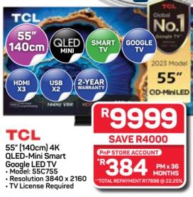 TCL 55" (140cm) 4K QLED-Mini Smart Google LED TV 