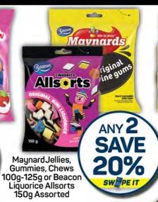 Maynard Jellies, Gummies, Chews 100g-125g or Beacon Liquorice Allsorts 150g Assorted