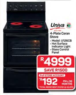 UNIVA 4-Plate Ceran Stove, Model: U126CB, Hot Surface Indicator Light, Glass Control Panel