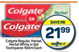 Colgate Regular, Herbal, Herbal White or Gel Toothpaste 100ml Each