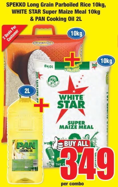 Spekko Long Grain Parboiled Rice 10kg, White Star Super maize meal 10kg 7 Pan cooking oil 2Ltr