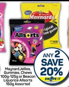 Maynard Jellies, Gummies, Chews 100g-125g or Beacon Liquorice Allsorts 150g Assorted ANY 2