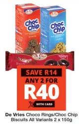 De Vries Choco Rings/Choc Chip Biscuits All Variants 2x150g