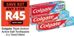 Colgate Triple Action/Active Salt Toothpaste 3x75ml/100ml