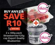 2 x 400g pack Strawberries / 125g cup Export Quality Blueberries