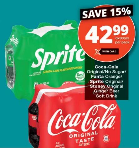 Coca-Cola Original/No Sugar/Fanta Orange/Sprite Original/Stoney Original Ginger Beer Soft Drink 6x300 ml 