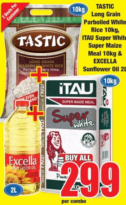 TASTIC Long Grain Parboiled White Rice 10kg, ITAU Super White Super Maize Meal 10kg & EXCELLA Sunflower Oil 2L