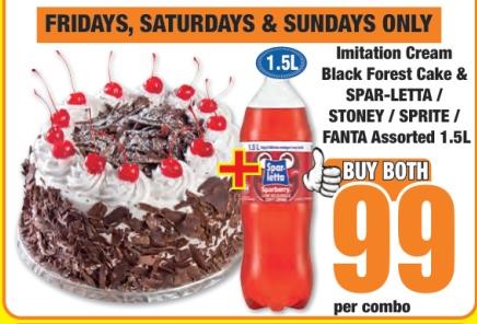 Imitation Cream Black Forest Cake & SPAR-LETTA / STONEY / SPRITE / FANTA Soft Drink Assorted 1.5L 