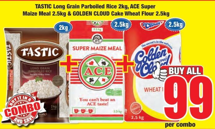 TASTIC Long Grain Parboiled Rice 2kg,ACE SuperMaize Meal 2.5kg & Golden Cloud Cake Wheat Flour 2.5kg