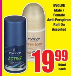 EVOLVE Male / Female Anti-Perspirant Roll On Assorted 50ml