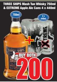 THREE SHIPS Mash Tun Whisky 750ml & EXTREME Apple Ale Cans 4 x 440ml