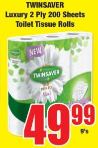 TWINSAVER Luxury 2 Ply 200 Sheets Toilet Tissue Rolls