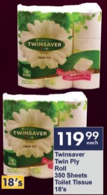 Twinsaver Twin Ply Roll 350 Sheets Toilet Tissue 18's