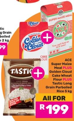 TASTIC+ Super Maize Meal PLUS Golden Cloud Cake Wheat Flour PLUS Tastic Long Grain Parboiled Rice 5 kg