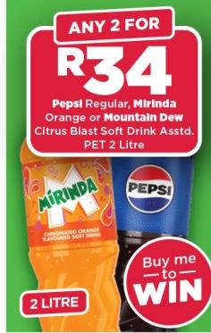 Any 2 Pepsi Regular, Mirinda Orange or Mountain Dew Citrus Blast Soft Drink Assorted Pet 2 Litre