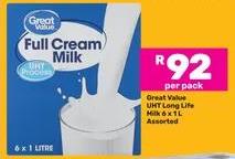 Great Value UHT Long Life Full Cream Milk 6 x 1 Litre  assorted 