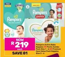 Pampers Active Baby Kappies 08 Pants Jumbo Pack Size 1 - 6 OR Premium Care Value Pack Mappies Size 3 - 6 