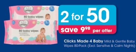 Clicks Made 4 Baby Mild & Gentle Baby Wipes 80 Pack