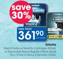 Gillette Mach3 Turbo or Mach3+ Cartridges 8-Pack, or Disposable Razors Regular 5-Pack, Blue2 Plus 7-Pack or Venus 3 Sensitive 3-Pack