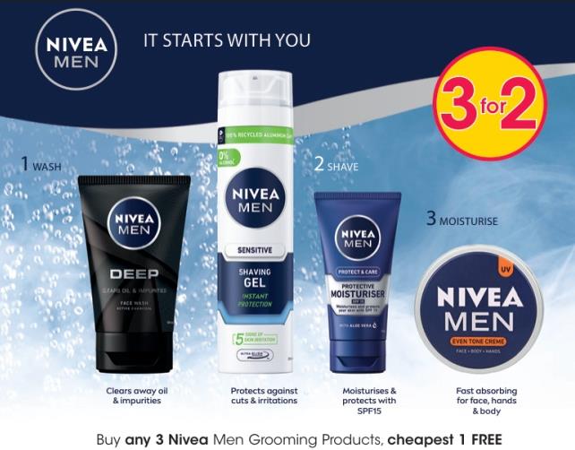 Buy any 3 Nivea Men Grooming Products, cheapest 1 FREE