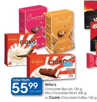 Witor's Chocolate Biscuits 120 g Mini Chocolate Sticks 200 g or Cuore Chocolate Truffles 145 g