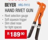 Beyer Hand Rivet Gun with rivet selection gauge, soft squeeze trigger, slim steel nose for tight spaces.