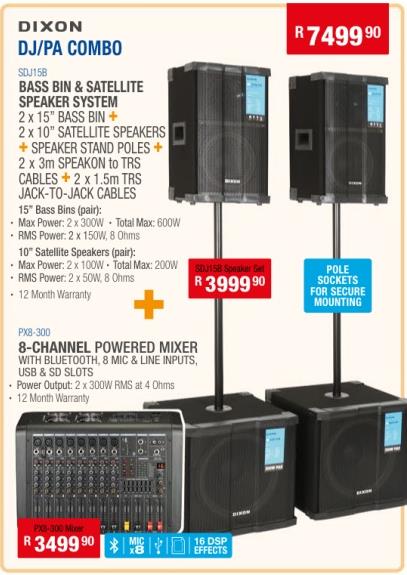 Dixon DJ/PA Combo including Bass Bin & Satellite Speaker System  + 8 Channel Powered Mixer 