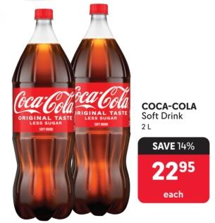 Coca-Cola Original Taste Soft Drink Less Sugar 2L