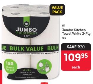 Makro Jumbo Kitchen Towel White 2-Ply 4's