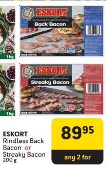 Eskort Rindless Back Bacon or Streaky Bacon 200g Any 2