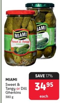 Miami Sweet & Tangy or Dill Gherkins 380g