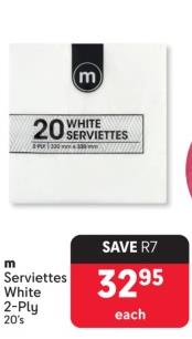 Makro White Serviettes 2-Ply 20's