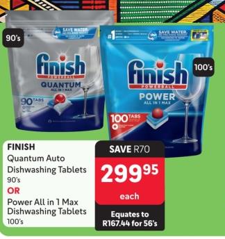 FINISH Quantum Auto Dishwashing Tablets 90's  or Power All in 1 Max. Dishwashing Tablets 10's