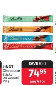 LINDT Chocolate Sticks (All variants) 138g Any 4