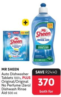 MR SHEEN Auto Dishwasher Tablets 100's, PLUS Original/Original No Perfume (Zero) Dishwash Rinse Aid 500 ml