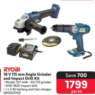 RYOBI 18 V 115 mm Angle Grinder and Impact Drill Kit