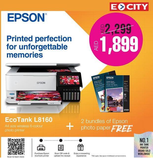 Epson EcoTank L8160 -A4 size wireless 6 color photo printer +2 bundles of epson photo paper free