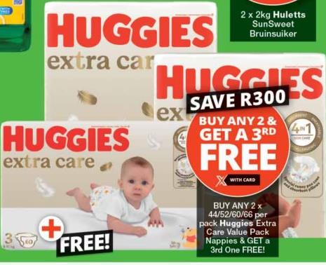 Buy Any 2 x44/52/60/66 Per Pack Huggies Extra Care Value Pack Nappies & Get A 3rd One Free