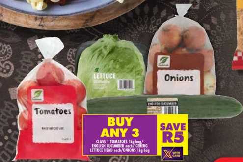 Freshmark Class 1 Tomatoes 1kg Bag / English Cucumber Each / Iceburg Lettuce head Each / Onion 1kg bag Any 3