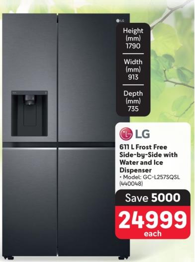 LG 611 L Frost Free Side-by-Side with Water and Ice Dispenser 