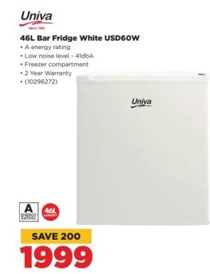 Univa 46L Bar Fridge White USD60W 