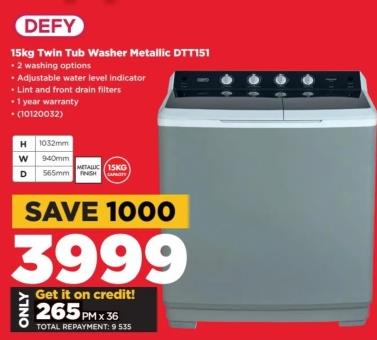 Defy 15kg Twin Tub Washer Metallic DTT151 