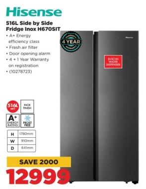 Hisense 516L Side by Side Fridge Inox H670SIT