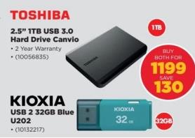 Toshiba 2.5'' 1TB USB 3.0 Hard Drive Canvio  , Kioxia USB 2 32GB Blue UB202