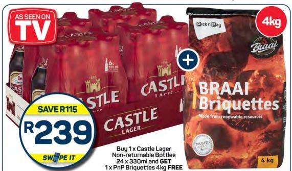 Buy 1x Castle Lager Non-returnable Bottles 24 x 330ml and GET 1x PnP Briquettes 4kg FREE